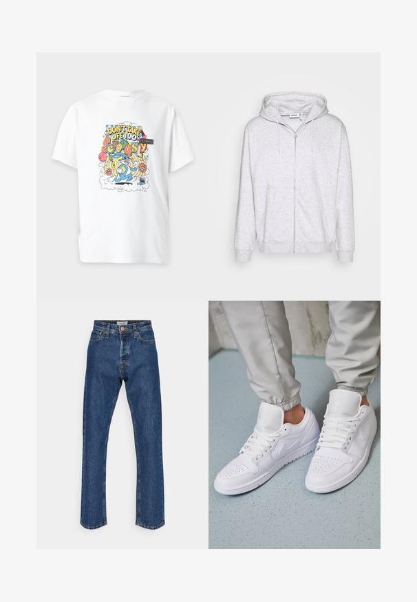 Hoodie zippé gris clair en tissu doux. Il présente une fermeture éclair à l'avant, deux poches latérales et une capuche avec cordon de serrage ajustable.; T-shirt blanc avec un design cartoon coloré montrant Bugs Bunny et le texte « Don’t take life too seriously » entouré d’objets ludiques.; Jean en denim bleu foncé à taille haute et jambe droite. Comprend une fermeture à bouton, cinq poches et des coutures contrastées.; Des baskets en cuir blanc présentent une zone de perforation à l'avant, des lacets plats, un col rembourré et le logo Jordan sur la languette. Portées avec un pantalon de jogging gris.