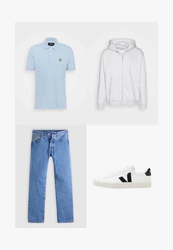 Lys grå zip-up sweatshirt lavet af blødt stof. Har en frontlynlås, to sidelommer og en justerbar snor i hætten.; Lyseblå polo skjorte lavet af bomuld med en tre-knaps lukning, korte ærmer og et lille gult broderet logo på brystet.; Lyseblå denimjeans med et lige ben design, fem lommer og to-knaps lynlås. Har minimal falmen og kontrastsyning.; Hvide lædersneakers med sorte ruskindsdetaljer; har en gummisål, rund tå og klassisk snørebåndsdesign. Side logo i sort.