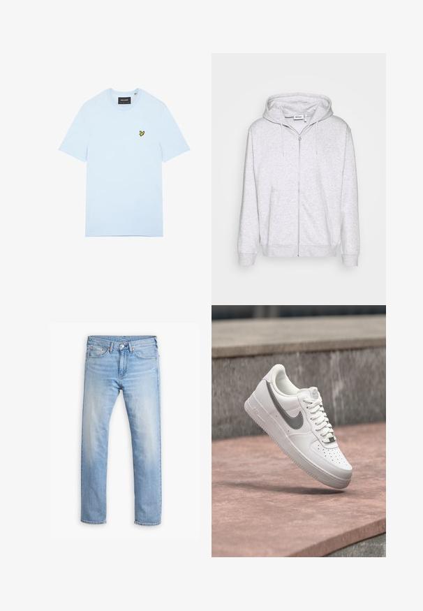 Lys grå zip-up sweatshirt lavet af blødt stof. Har en frontlynlås, to sidelommer og en justerbar snor i hætten.; Lyseblå bomulds t-shirt med rund halsudskæring, med en lille gul fuglelogo broderet på venstre bryst. Korte ærmer, ensfarvet.; Lyseblå denimjeans med lige snit, fem lommer og knaplukning. Har subtilt slid og orange syninger som detaljer.; Hvid Nike Air Force 1 sneaker med gråt swoosh-logo svævende over en stensurface og en grå stenvæg i baggrunden.