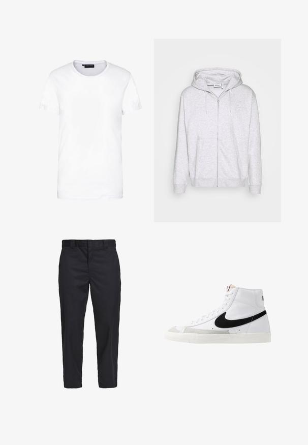 Lichtgrijze zip-up hoodie van zacht materiaal. Beschikt over een voorrits, twee zijzakken en een verstelbare trekkoordkap.; Witte katoenen t-shirt, korte mouwen, ronde halslijn, eenvoudige uitstraling, zachte textuur, recht gesneden, standaard pasvorm, geen zichtbare patronen of accenten.; Zwarte chino's van lichtgewoven katoen, met een rechte pijp, zijzakken en een knoopsluiting bij de taille.; Witte hoge sneakers met een zwarte swoosh, textuur grijze neus en een vlakke witte zool. Kenmerkt zes veteropeningen en gestikte accenten.