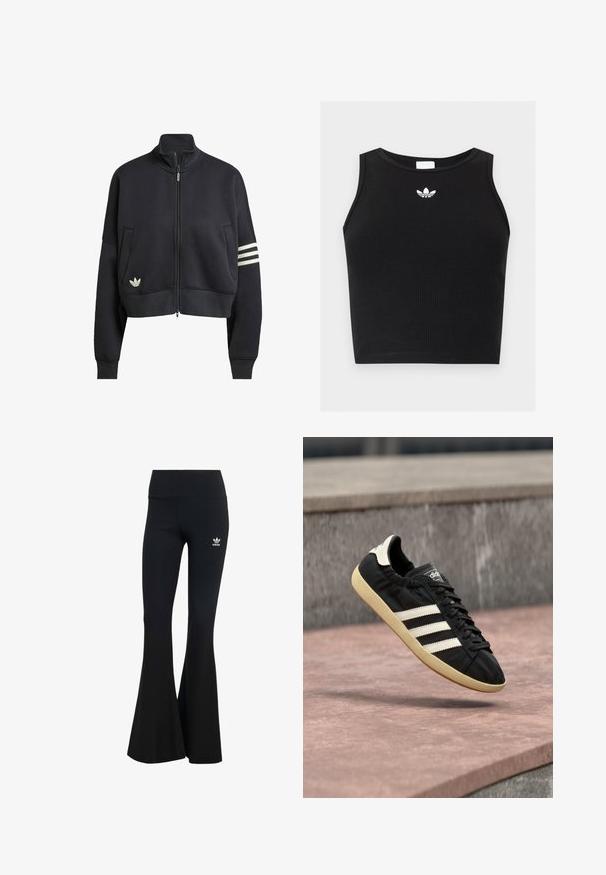 Čierny skrátený sweatshirt s vysokým golierom, predným zipsom, dvoma bočnými vreckami a tromi bielymi pruhmi na ľavom rukáve. Obsahuje logo.; Čierny rebrovaný krátky top bez rukávov s okrúhlym výstrihom a malým bielym logom Adidas trefoil umiestneným v strede pri golieri.; Čierne rebrované legíny s rozšírenými nohavicami a širokým pásom, s malým bielym logom Adidas na hornej ľavej strane. Mäkkučký textilný materiál.; Čierna teniska Adidas s bielymi pruhmi a béžovou podrážkou, zachytená vo vzduchu nad kamenným povrchom a kamennou stenou v pozadí.
