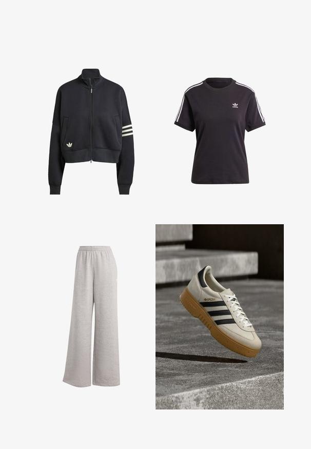 Sudadera negra corta con cuello alto, cremallera frontal, dos bolsillos laterales y tres rayas blancas en la manga izquierda. Presenta un logo.; Camiseta de algodón negra de manga corta con cuello redondo, que presenta rayas blancas en los hombros y un pequeño logo blanco de Adidas en el pecho.; Pantalones de chándal gris claro con un corte holgado, cinturilla elástica y textura suave. Presenta un sutil logo en un lado. Diseño casual.; Zapatilla deportiva de ante beige con rayas negras, cordones blancos y suela de goma color caramelo. Presenta la marca "SPEZIAL" en el lateral.