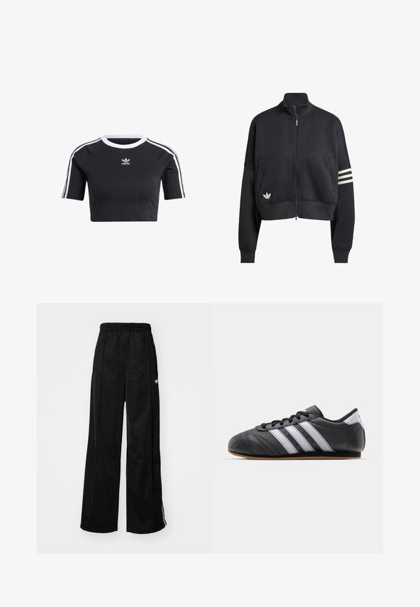 Sort cropped sweatshirt med høj krave, frontlynlås, to sidelommer og tre hvide striber på venstre ærme. Har et logo.; Sort cropped t-shirt lavet af bomuld, med en ribbet hvid rund halsudskæring, korte raglanærmer og hvide side striber med et lille logo.; Sorte brede træningsbukser med elastisk talje, prydet med hvide side-striber og et lille logo på venstre hofte. Glat stofstruktur.; Sorte lædersportssko med hvide striber, rund tå, flad sål og snørelukning. Har perforeringer for åndbarhed.