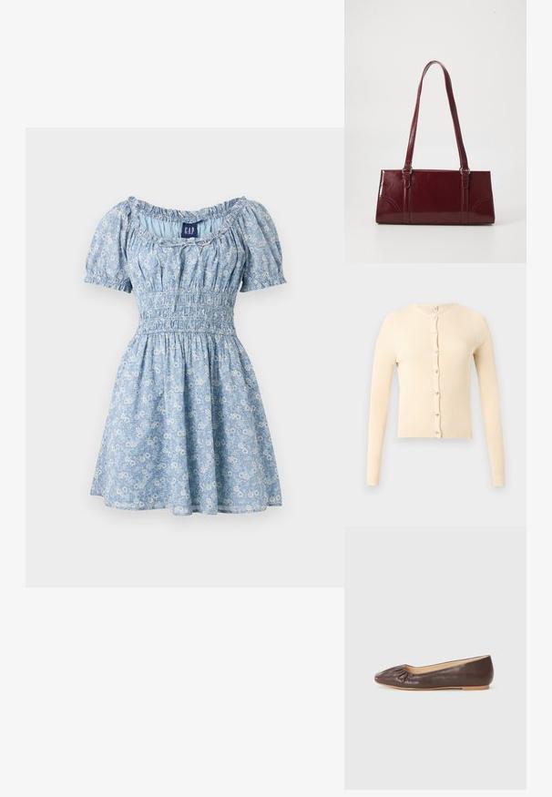 Beige ribstrikket cardigan med lange ærmer og frontknaplukning med sølvfarvede hjerteformede knapper.; Lyseblå, kortærmet blomsterkjole med smocktalje, firkantet udskæring og mønster af små hvide blomster, mærket GAP.; Brune læder balletflade med en afrundet tå, rynket detaljer foran, og en flad, lysfarvet sål.; Bordeaux håndtaske lavet af glansfuldt materiale, rektangulær form, med to skulderremme og subtile buede detaljer på forsiden.