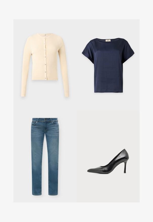 Cardigan côtelé beige à manches longues avec fermeture à boutons sur le devant ornée de boutons argentés en forme de cœur.; Blouse bleu marine à manches courtes avec encolure ronde et poignets repliés, présentée sur un fond clair uni.; Jean denim bleu droit avec poches avant, passants pour ceinture et fermeture par bouton, présenté sur un fond clair.; Chaussure à talon haut pour femme en cuir verni noir avec bout pointu et talon fin sur fond clair uni.
