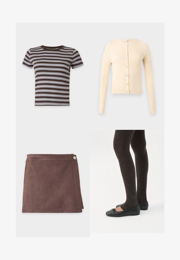 Cardigan côtelé beige à manches longues avec fermeture à boutons sur le devant ornée de boutons argentés en forme de cœur.; T-shirt court à manches courtes rayé horizontalement marron et blanc avec un col rond sur fond uni.; Mini-jupe en daim marron avec un bouton latéral et des détails de couture subtils sur un fond clair uni.; Jambes portant des leggings côtelés foncés associés à des ballerines noires avec de petits détails en nœud sur fond blanc.