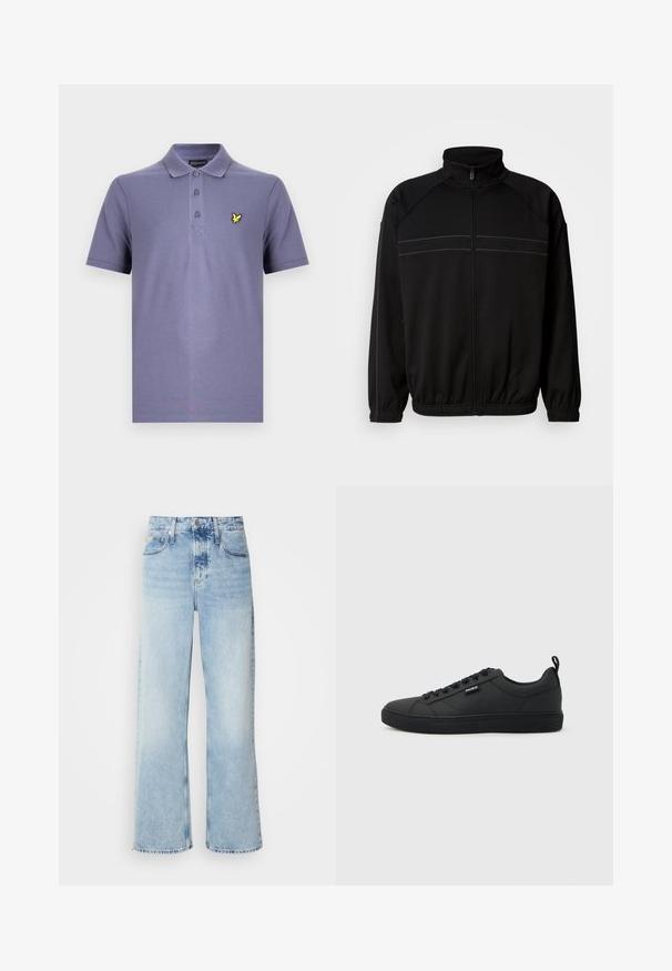 Chaqueta negra de cremallera fabricada con un tejido suave, que cuenta con un cuello alto, puños elásticos y rayas decorativas horizontales en el pecho.; Camisa tipo polo púrpura con una tapeta de tres botones, mangas cortas y un pequeño logo de un pájaro amarillo en el lado izquierdo del pecho. Tejido de mezcla de algodón.; Vaqueros de pierna ancha en azul claro con una alta cintura, que presentan un acabado desgastado, cinturillas y un clásico diseño de cinco bolsillos. El dobladillo es sin acabar.; Zapatilla negra de corte bajo con cierre de cordones, suela plana y pequeña etiqueta "HUGO" en el lateral, mostrada de perfil sobre fondo claro.