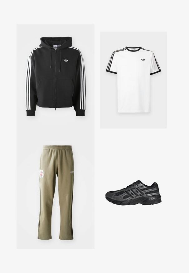 Sudadera con cremallera negra hecha de una mezcla de algodón, con un bolsillo delantero, capucha con cordones y acentos de tres rayas blancas en las mangas.; Camiseta de algodón blanca con cuello y mangas de canalé negro, con tres rayas negras en cada hombro y un pequeño logo en el pecho.; Pantalones deportivos de color verde oliva con cintura elástica, bolsillos laterales, rayas negras a los lados y un parche de logo en el muslo.; Zapatillas deportivas negras hechas de malla y materiales sintéticos, que presentan una superficie texturizada, múltiples rayas grises y un collar acolchado.