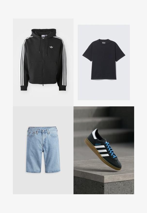 Sort zip-up hoodie lavet af bomuldsblanding, med en frontlomme, snoretræk i hætten og hvide striber i tre på ærmerne.; Sort bomulds T-shirt med klassisk rund hals, korte ærmer og en afslappet pasform. Glat tekstur med minimal syning.; Lyseblå denimshorts med forlommer, bæltestropper og knaplukning på en ensfarvet lys baggrund.; Sort Adidas sneaker med hvide striber, blå snørebånd og gummisål, der svæver over gråt betontrin i blødt lys.