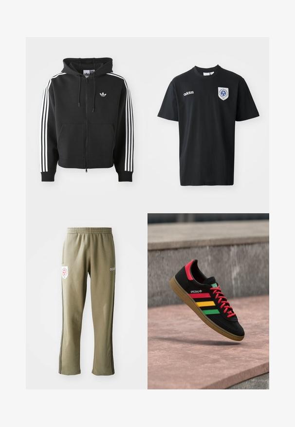 Zwarte zip-up hoodie van een katoenmix, met een voorzak, een capuchon met koord en witte drie-strepenaccenten op de mouwen.; Zwart T-shirt met korte mouwen van katoen, met een ronde hals. Inclusief wit Adidas-logo en een patch met een blauw embleem op de linkerborst.; Olijfgroene sweatpants met een elastische tailleband, zijzakken, zwarte zijstreepjes en een logo-patch op de dij.; Zwarte Adidas Spezial sneaker met rode, gele en groene strepen, rode veters, gumzool en een rode hieldetail, zwevend boven het trottoir.