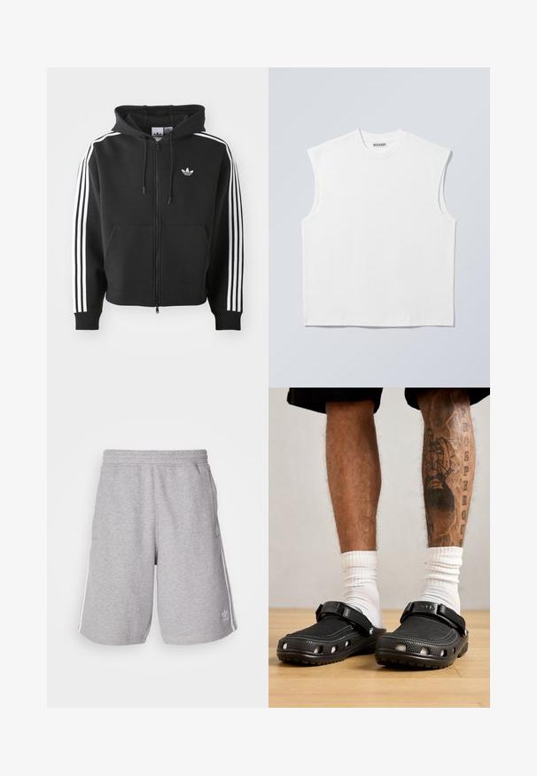 Zwarte zip-up hoodie van een katoenmix, met een voorzak, een capuchon met koord en witte drie-strepenaccenten op de mouwen.; Wit mouwloos katoenen top met ronde hals en gestructureerde schouders, met het merk "WEEKDAY" op het label in de kraag, afgebeeld op een lichtgrijze achtergrond.; Grijze sportshorts van katoenmix stof. Voorzien van zijzakken, een elastische tailleband en witte zijstrepen. Klassiek ontwerp.; Zwarte klompen met een gestructureerde bovenkant, verstelbare band en ventilatiegaten, gecombineerd met witte crew-sokken en shorts tot boven de knie.