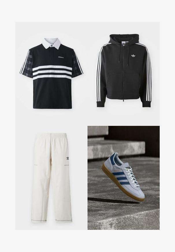 Haut à zip noir en mélange de coton, avec une poche frontale, une capuche à cordon de serrage et des accents blancs à trois rayures sur les manches.; Polo noir avec des rayures blanches et un logo ; présente des manches courtes à carreaux et un col blanc avec une patte de boutonnage.; Pantalon de sport blanc avec taille élastique, poches latérales, et logo adidas noir avec détails de couture. Tissu lisse et léger.; Baskets Adidas Spezial bleu clair avec des rayures bleu marine et une semelle en gomme, montrées en l'air au-dessus d'escaliers en béton dans un environnement extérieur neutre.