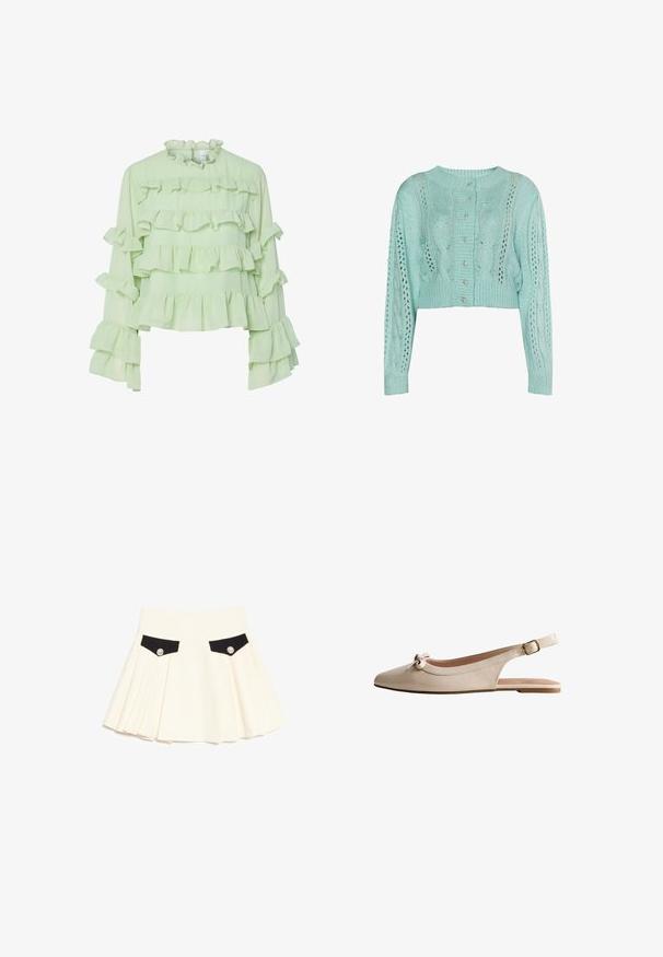 Cárdigan corto de color verde menta con patrón de trenzas, detalles de puntos abiertos y cierre de cinco botones con acentos decorativos en plata.; Blusa verde clara con múltiples capas de volantes en el cuerpo y las mangas. Tejido suave con un alto collar con volantes y mangas largas y acampanadas.; Falda plisada color crema con solapas negras en los bolsillos delanteros, cada una asegurada por un solo botón decorativo plateado.; Zapato plano beige de cuero con talón descubierto, puntera puntiaguda, pequeño lazo en la parte delantera y correa ajustable con hebilla dorada.