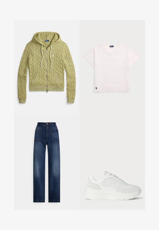 Sudadera con capucha de punto con cremallera en verde claro, con bolsillos delanteros, cordones blancos y un pequeño logo bordado en el pecho.; Camiseta blanca de algodón con cuello redondo, mangas cortas y un pequeño logo azul marino en la parte inferior izquierda. Textura suave y ajuste clásico.; Vaqueros de mezclilla de pierna recta, azul oscuro, de cintura alta, con bolsillos delanteros de parche, trabillas para cinturón y cierre de botón.; Lauren Ralph Lauren FRANKY SNEAKERS LOW TOP LACE - Zapatillas - snow white/bianco
