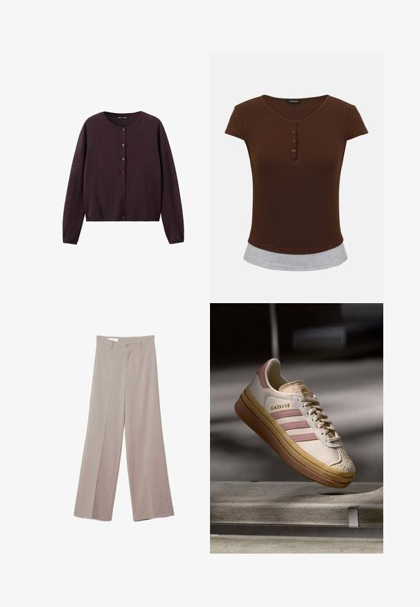 Mørkelilla langærmet strikket cardigan med rund halsudskæring og knaplukning foran.; Kortærmet brun henley-stil top med fire knapper og en synlig grå lagdelt kantdetalje nederst.; Beige bukser med vide ben, flad front, to forlommer, knaplukning og en glat, let struktureret stofoverflade.; Hvide suedestøvler med rosa detaljer, prydet med tre striber og et guld logo. Teksturert tåhætte og en brun gummisål. Klassisk design.