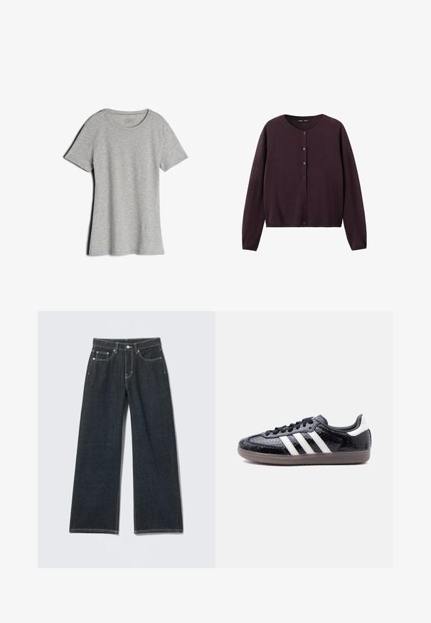 Donkerpaarse, gebreide cardigan met lange mouwen, ronde halslijn en knoopsluiting aan de voorkant.; Effen lichtgrijs T-shirt met korte mouwen en ronde hals, plat gelegd met een lichte schaduw op een witte achtergrond.; Donkerblauwe jeans met wijde pijpen, knoopsluiting aan de voorkant, rits, lussens voor riem en vijf zakken, tegen een lichte effen achtergrond.; Zwarte sneaker met een laag profiel, met een gestructureerd slangenhuidpatroon, witte strepen aan de zijkant, zwarte veters en een doorschijnende bruine zool.