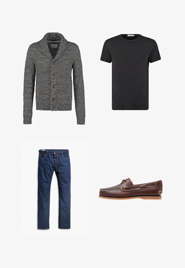 Grå strikket cardigan med sjalskrave, der har knaplukning foran og et tekstureret mønster med subtile farvede pletter.; Sort bomulds T-shirt med rund halsudskæring og korte ærmer. Stoffet har en glat tekstur og ingen mønstre eller detaljer. Normal pasform.; Mørkeblå denim jeans med lige ben, kontrastsyninger, knappelukning og fem lomme-stil.; Brun læder bådsko med hvide sømme, snøre detaljer og lysbrun gummisål, vist fra siden på hvid baggrund.