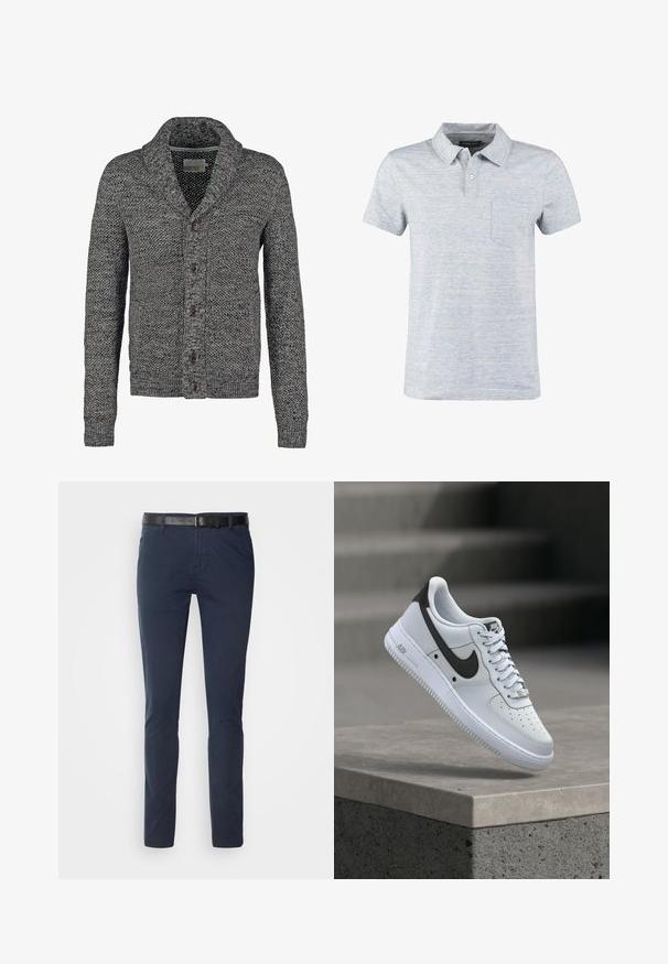 Cardigan en tricot gris avec col châle, doté d'une fermeture à boutons et d'un motif texturé avec de légers éclats de couleurs à travers.; Polo en tissu bleu clair chiné avec un col, des manches courtes et une poche sur la poitrine gauche. Doté de trois boutons au niveau du col.; Pantalons en coton bleu marine avec une coupe ajustée, dotés d'une ceinture en cuir noir texturé et de poches classiques. Design épuré, sans motifs.; Baskets blanches Nike Air Force 1 avec logo Swoosh noir, flottant au-dessus d'un rebord en béton avec des escaliers flous en arrière-plan.
