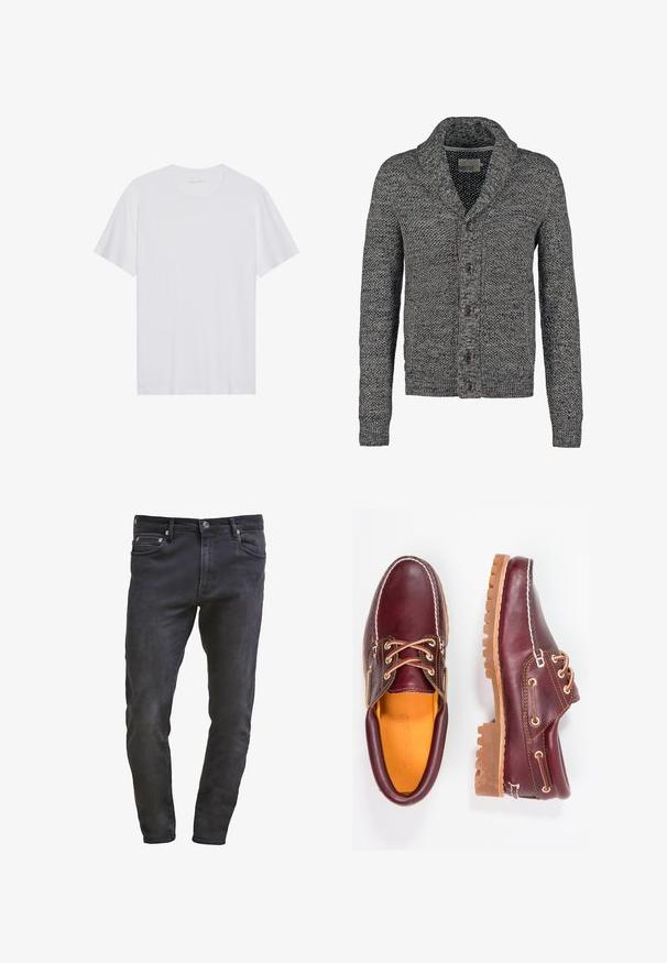 Cardigan cinza de malha com gola xale, apresentando um fecho frontal com botões e um padrão texturizado com pequenas manchas de cor por todo o lado.; Camiseta branca de algodão com mangas curtas, um decote redondo e uma textura suave. Apresenta uma marcação mínima na gola.; Jeans de ganga preta ajustados com design de cinco bolsos, fecho de correr e ligeira desgaste. Textura suave com um acabamento escuro.; Sapatos de couro bordô com solas de borracha castanhas, bico arredondado, costura branca e ilhós dourados. O interior apresenta um forro amarelo.