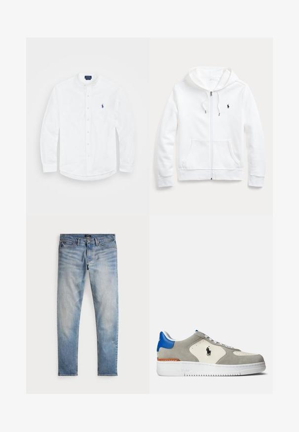 Witte rits-hoodie met een capuchon met trekkoord, voorzakken en een klein zwart logo op de linkerborst. Zachte stof en casual pasvorm.; Witte lange mouwen shirt met een bandkraag, knoopsluiting aan de voorkant en een blauw logo aan de linkerkant. Gemaakt van soepel katoen.; Lichtblauwe denim jeans met een vervaagde afwerking, vijfzakkenontwerp en contrasterende stiksels. Heeft een ritssluiting en riemlussen. Rechte snit.; Grijze suede en witte leren sneaker met blauwe accenten, voorzien van een logo, witte veters en een gestructureerde rubberen zool.