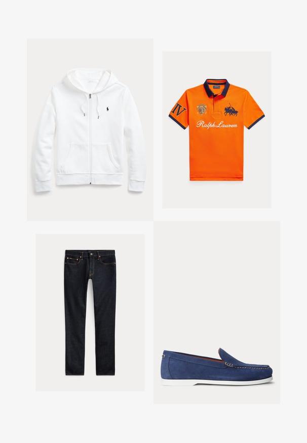 Biela mikina na zips s kapucňou so šnúrkou, prednými vreckami a malým čiernym logom na ľavom prsníku. Mäkko látkový materiál a ležérny strih.; Oranžové polokošeľa s tmavomodrým golierom a manžetami. Obsahuje výšivku: logo na ľavej strane hrudníka a nápis „Ralph Lauren“ na prednej strane.; Tmavomodré slim-fit džínsy s piatimi vreckami, zapínaním na gombíky a kontrastným prešívaním, položené na svetlom pozadí.; Modrý semišový mokasín s bielou podrážkou a béžovým prešitím pozdĺž horného okraja zobrazený na bielom pozadí.