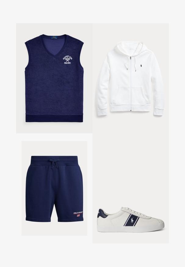 Sudadera blanca con cremallera y capucha con cordón, bolsillos frontales y un pequeño logo negro en el lado izquierdo del pecho. Tejido suave y corte informal.; Polo sin mangas de color azul marino en material de rizo; presenta un escote en forma de v, cuello acanalado y un logo blanco con raquetas de tenis.; Pantalones cortos azul marino con cintura elástica y cordón. Presentan el logo "POLO SPORT" bordado en rojo y blanco en la parte inferior de la pierna.; Zapatilla blanca de corte bajo con franja azul marino y logo en el lateral y lengüeta en el talón azul marino, suela plana blanca y cordones blancos.