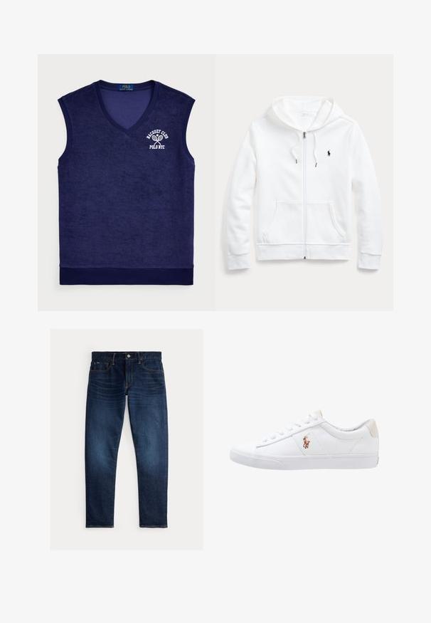 Weißer Zip-Hoodie mit Kordelzugkapuze, Taschen vorne und kleinem schwarzen Logo auf der linken Brust. Weicher Stoff und lässige Passform.; Seegrüne ärmellose Poloshirt aus Frottee-Material; verfügt über einen V-Ausschnitt, gerippten Kragen und ein weißes Logo mit Tennisschlägern.; Dunkelblaue Denim-Jeans mit geradem Bein, ausgestattet mit einem klassischen Five-Pocket-Design und kontrastierenden Nähten. Sichtbarer vorderer Knopfverschluss.; Weiße Leinensneaker im Low-Top-Design mit einem beigen Ferseneinsatz und einem kleinen gestickten Logo an der Seite. Gummisohle.