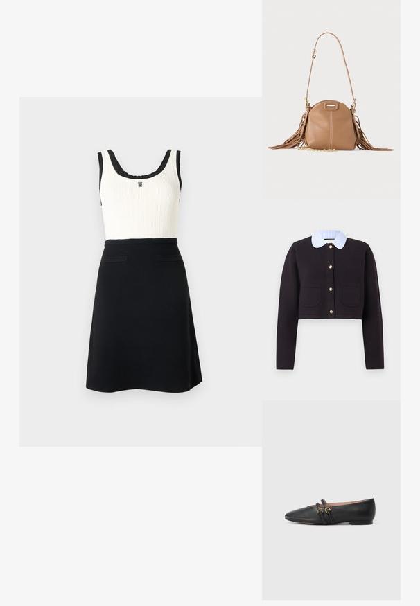 Sort kort cardigan med lange ærmer, guldknapper, to forlommer og en blå- og hvidstribet krave.; Ærmeløs sort og hvid kjole med ribbet hvid top, sort kant, dekorativt emblem på brystet og ensfarvet sort A-formet nederdel med to forlommer.; Sorte læder flade sko med spids tå, der har to sorte remme med gyldne hardware-detaljer. Glat tekstur og lav hæl.; Lille tanfarvet læder skuldertaske med lang rem, guldkæde detalje og frynser på begge sider mod en neutral baggrund.