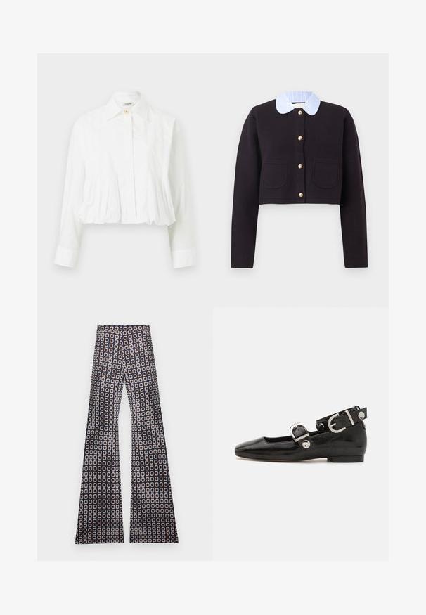 Cardigan noir court à manches longues, boutons dorés, deux poches avant, et col rayé bleu et blanc.; Blouse blanche à manches longues avec taille plissée, col classique, fermeture par un seul bouton supérieur et boutons avant dissimulés.; Pantalon flare bleu marine avec motif de marguerites blanches et orange réparties uniformément sur le tissu, présenté à plat sur un fond blanc.; Ballerine en cuir verni noir avec un bout carré, sangle de cheville avec des détails en métal argenté et semelle plate. Texture lisse avec un design minimaliste.