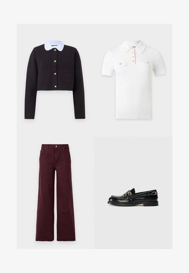 Sort kort cardigan med lange ærmer, guldknapper, to forlommer og en blå- og hvidstribet krave.; Hvid rippet kortærmet poloshirt med spids krave, fire forgyldte knapper foran og to brystlommer med guldbelagte knapklapper.; Bordeaux vide bukser med høj talje, metal knaplukning, forlommer og et glat, let tekstureret stof.; Sorte læder loafers med en blank finish, der har to guldspænder og en lav hæl. Glat tekstur med rund tådesign.