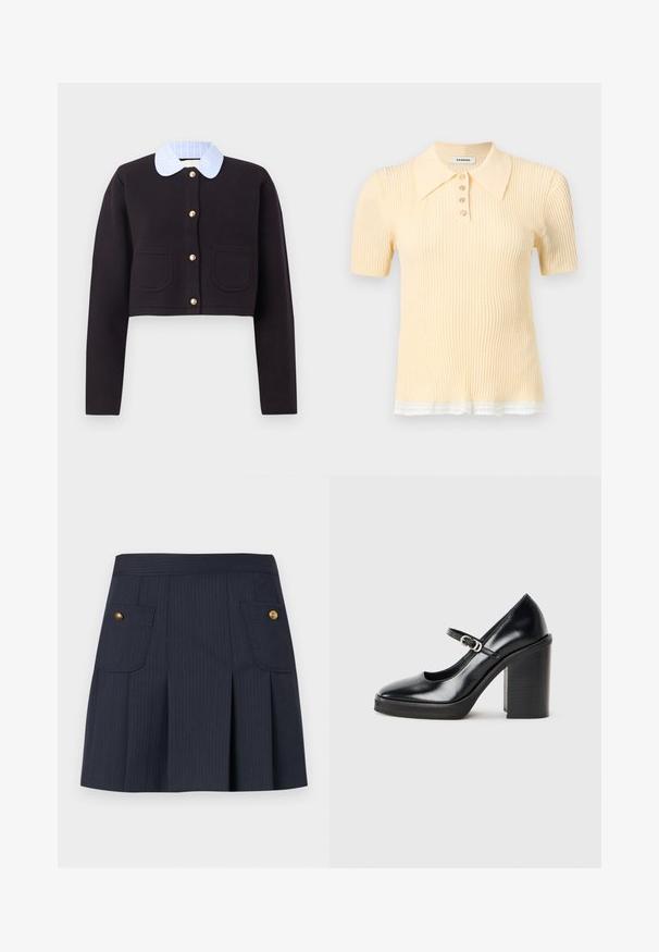 Sort kort cardigan med lange ærmer, guldknapper, to forlommer og en blå- og hvidstribet krave.; Kortærmet ribstrikket poloshirt i lys gul med fire knapper og hvid blondekant nederst.; Mørkeblå navy nederdel med tynde striber, forplissering foran og to klaplommer på hver side med guldknapper.; Sorte patentlæder høje hæle med rund tå, ankelrem, detalje med sølvspænde og en kraftig blokhæl.