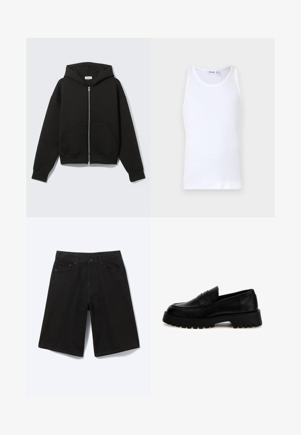 Sudadera negra con cremallera, capucha unida y bolsillos delanteros tipo canguro, extendida sobre un fondo claro.; Top sin mangas de algodón blanco con cuello redondo y tirantes anchos. Textura suave, sin patrones, diseño limpio y etiqueta de marca en el escote.; Pantalones cortos vaqueros negros hasta la rodilla con botón frontal, trabillas para cinturón y cinco bolsillos, mostrados sobre un fondo blanco.; Mocasines de cuero negro con una suela gruesa y estriada. Presentan una puntera tipo mocasín cosida y una correa en la parte frontal. La marca es visible en el talón.