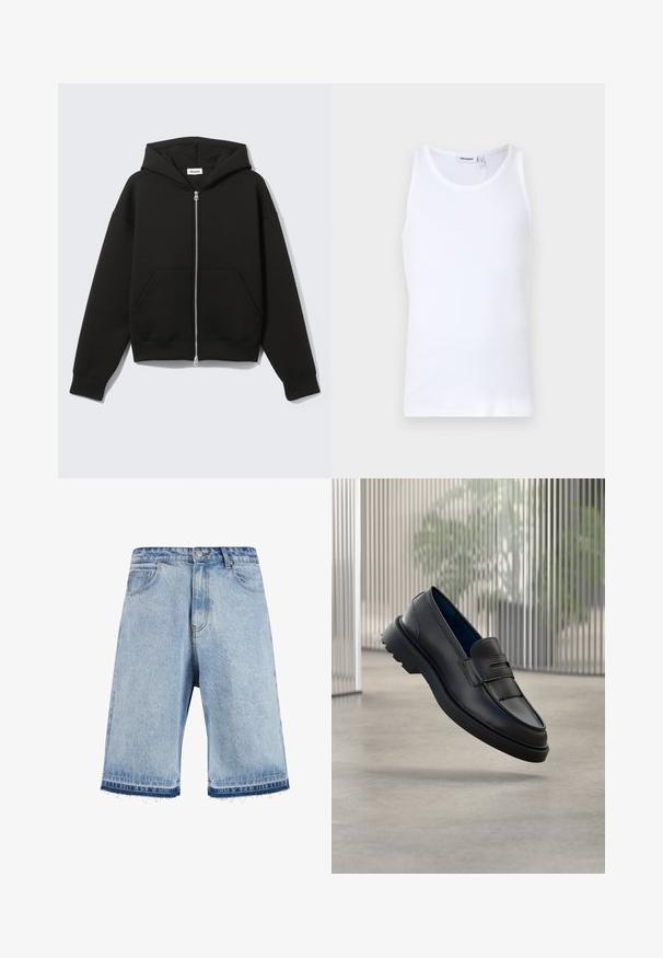 Schwarzer Zip-Hoodie mit angenähter Kapuze und vorderen Kängurutaschen, flach auf hellem Hintergrund liegend.; Weißes Baumwoll-Top mit Rundhalsausschnitt und breiten Trägern. Glatte Textur, keine Muster, schlichte Gestaltung und Markenlabel am Halsausschnitt.; Helles blaus Denim-Shorts mit einem ausgefransten Saum, ausgestattet mit einem klassischen Fünf-Taschen-Design und einem Knopfverschluss vorne. Leicht ausgebleichte Waschung.; Schwarze Leder-Loafers mit glatter Oberfläche, die einen dekorativen Riemen und eine strukturierte Frontblende sowie eine profilierte Gummisohle aufweisen.