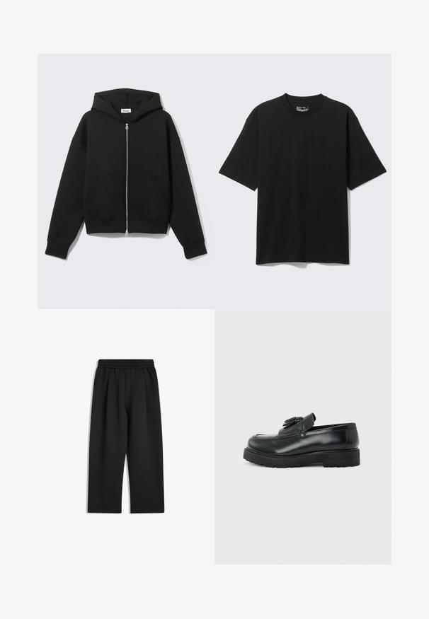 Sort lynlås-hoodie med fastgjort hætte og forreste kængurulommer, lagt fladt på en lys baggrund.; Sort kortærmet afslappet bomulds-T-shirt med rund hals, vist mod en ensfarvet lys baggrund.; Sorte vide bukser med elastisk talje og sidelommer, vist fladt på en hvid baggrund.; Sort læderloafer med kvaster, tyk gummisål og lav hæl, vist i sideprofil på en ensfarvet baggrund.