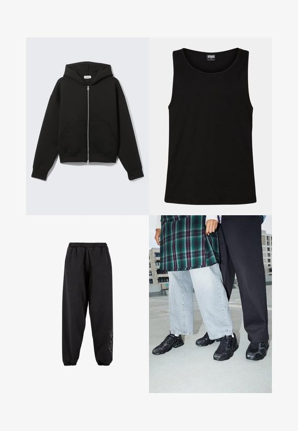 Sudadera negra con cremallera, capucha unida y bolsillos delanteros tipo canguro, extendida sobre un fondo claro.; Top negro sin mangas hecho de suave tela de algodón. Presenta un escote redondo y aberturas amplias para los brazos, sin patrones ni acentos visibles.; Pantalones de chándal negros hechos de una tela suave con una cintura elástica. Tobillos entallados y detalle de texto impreso en un lado. Corte casual y relajado.; Zapatillas deportivas negras con acentos de malla y goma. Combinadas con jeans de pierna ancha de color gris claro y una blusa de cuadros verdes. Fondo de superficie plana.
