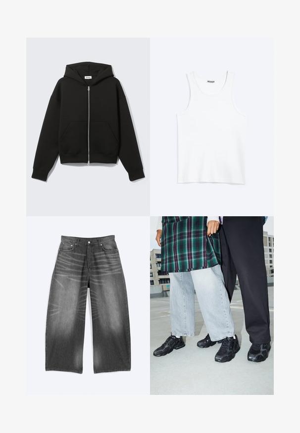 Zwarte hoodie met rits, vastgenaadde kap en voorzakken in kangoeroestijl, plat uitgespreid op een lichte achtergrond.; Wit mouwloos hemdje met ronde hals en Weekday-merklabel aan de binnenkant van de achterkraag, plat weergegeven op een lichte achtergrond.; Wijde uitlopende vervaagde zwarte denim jeans met voorzakken en knoopsluiting, plat uitgespreid op een lichte achtergrond.; Zwarte sportieve schoenen met mesh- en rubberaccenten. Draagt een lichtgrijze wijde spijkerbroek en een groen geruit shirt. Effen achtergrond.