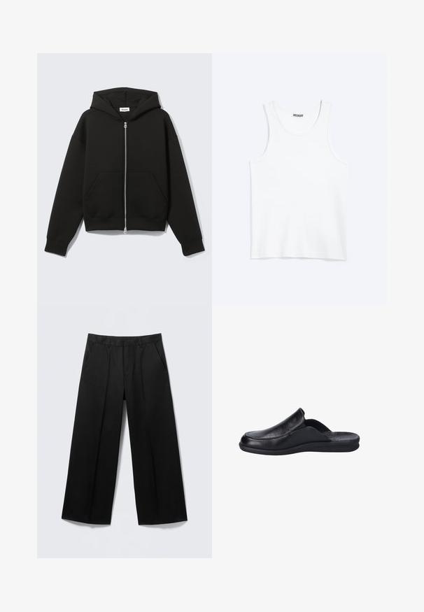 Sudadera negra con cremallera, capucha unida y bolsillos delanteros tipo canguro, extendida sobre un fondo claro.; Camiseta sin mangas blanca con cuello redondo y etiqueta de la marca Weekday en el interior del cuello trasero, mostrada plana sobre un fondo claro.; Pantalones negros de pierna ancha con trabillas para cinturón, bolsillos delanteros y cierre de cremallera, exhibidos sobre un fondo gris claro.; Zapato negro tipo mocasín hecho de cuero con una textura suave, con puntera redondeada y suela de goma flexible. Diseño minimalista sin herrajes.
