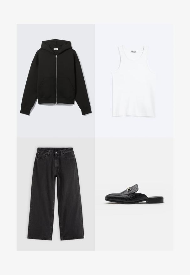 Sweat à capuche zippé noir avec capuche fixée et poches kangourou devant, posé à plat sur un fond clair.; Débardeur blanc sans manches avec col rond et étiquette de la marque Weekday à l'intérieur du col arrière, présenté à plat sur un fond clair.; Jean en denim noir à jambes larges avec poches avant, passants pour ceinture et fermeture par boutons, présenté sur un fond clair uni.; Chaussures slip-on en cuir noir gaufré crocodile avec un talon plat et une boucle en métal décorative sur la sangle. Texture lisse et design élégant.