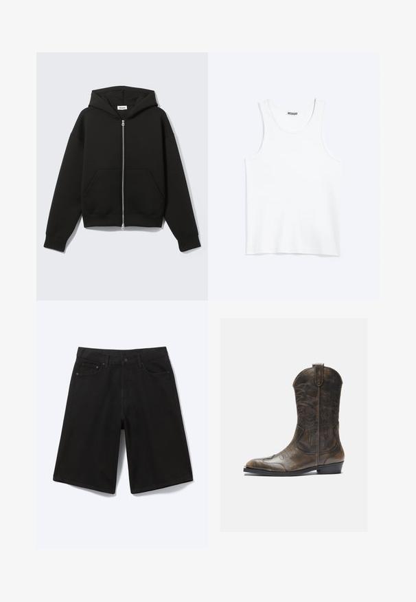 Sweat à capuche zippé noir avec capuche fixée et poches kangourou devant, posé à plat sur un fond clair.; Débardeur blanc sans manches avec col rond et étiquette de la marque Weekday à l'intérieur du col arrière, présenté à plat sur un fond clair.; Short en jean noir longueur genou avec bouton à l'avant, passants de ceinture et cinq poches, présenté sur fond blanc.; Botte de cow-boy en cuir marron avec un long tige, un bout pointu, des motifs de couture complexes et un petit talon. Finition texturée tout au long.