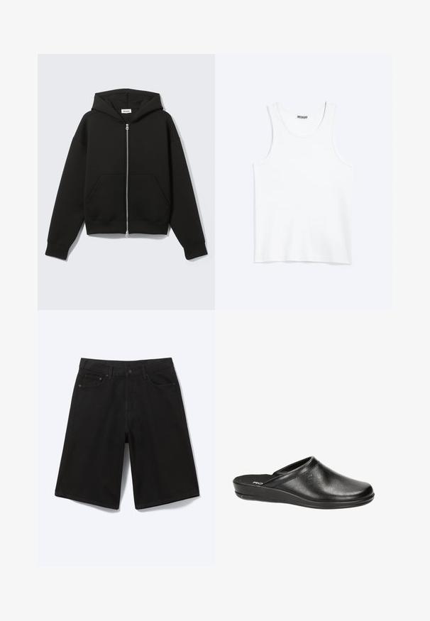Schwarzer Zip-Hoodie mit angenähter Kapuze und vorderen Kängurutaschen, flach auf hellem Hintergrund liegend.; Weißes ärmelloses Tanktop mit rundem Ausschnitt und Weekday-Markenetikett auf der Innenseite des hinteren Kragens, flach auf hellem Hintergrund dargestellt.; Schwarze knielange Jeansshorts mit Frontknopf, Gürtelschlaufen und fünf Taschen, dargestellt vor weißem Hintergrund.; Schwarze Lederclogs mit abgerundetem Zehenbereich, niedrigem Absatz und schlupfendem Design. Merkmale sind eine glatte Textur und dezente Nähte auf dem Obermaterial.