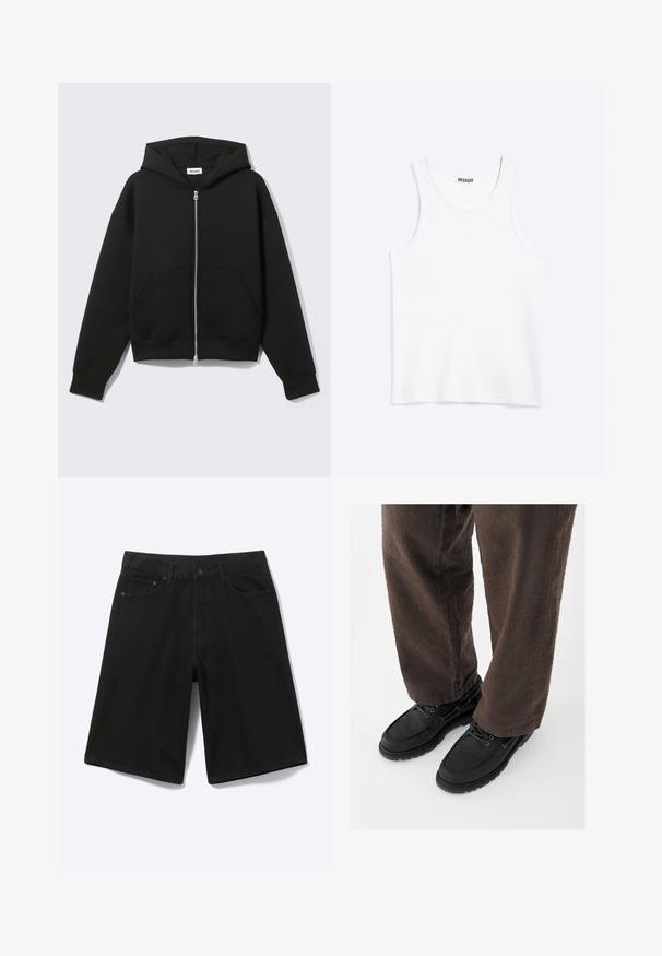 Sort lynlås-hoodie med fastgjort hætte og forreste kængurulommer, lagt fladt på en lys baggrund.; Hvid ærmeløs tanktop med rund halsudskæring og Weekday-mærke på den indvendige baghals, vist fladt på lys baggrund.; Sorte denim shorts til knæet med frontknap, bæltestropper og fem lommer, vist mod en hvid baggrund.; Sorte lædersko med glat finish, rundet tå og snøredesign, kombineret med teksturerede brune bukser. Set fra gulvniveau.