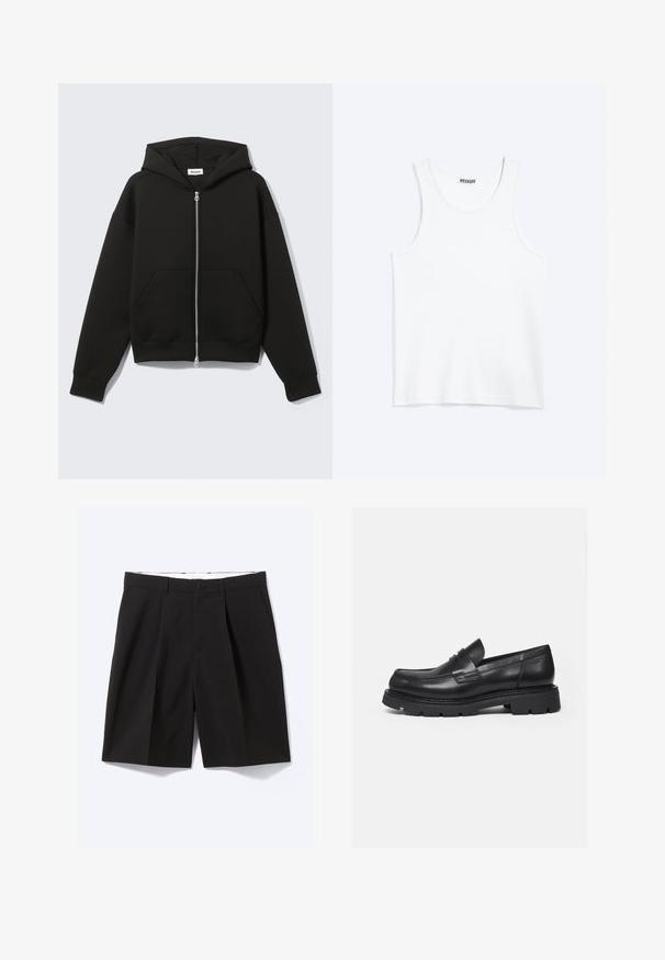 Schwarzer Zip-Hoodie mit angenähter Kapuze und vorderen Kängurutaschen, flach auf hellem Hintergrund liegend.; Weißes ärmelloses Tanktop mit rundem Ausschnitt und Weekday-Markenetikett auf der Innenseite des hinteren Kragens, flach auf hellem Hintergrund dargestellt.; Schwarze, maßgeschneiderte knielange Shorts mit Gürtelschlaufen, Seitentaschen, Knopfverschluss und vorderen Falten, flach auf weißem Hintergrund ausgelegt.; Schwarzer Lederloafer mit dicker, profilierter Sohle und Pennyriemen-Detail, von der rechten Seitenansicht auf weißem Hintergrund gezeigt.