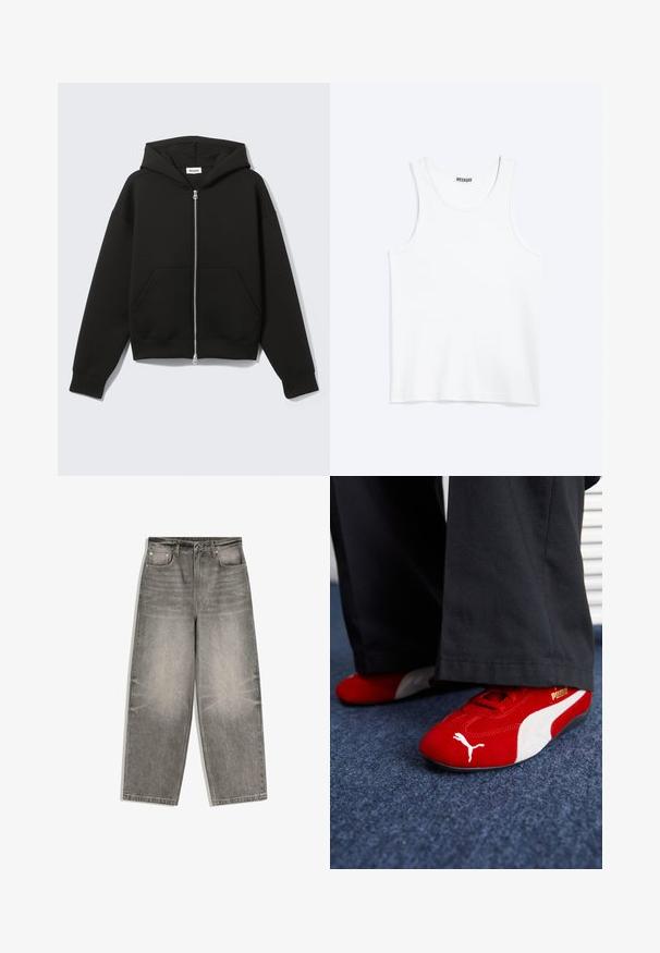 Sweat à capuche zippé noir avec capuche fixée et poches kangourou devant, posé à plat sur un fond clair.; Débardeur blanc sans manches avec col rond et étiquette de la marque Weekday à l'intérieur du col arrière, présenté à plat sur un fond clair.; Jean denim gris à jambes larges avec bouton frontal, fermeture éclair, passants pour ceinture et design cinq poches, étalé à plat sur un fond blanc.; Baskets en suède rouge avec des accents blancs, dotées d'un matériau texturé, d'une pointe arrondie et d'un logo doré sur le côté, portées avec un pantalon noir.