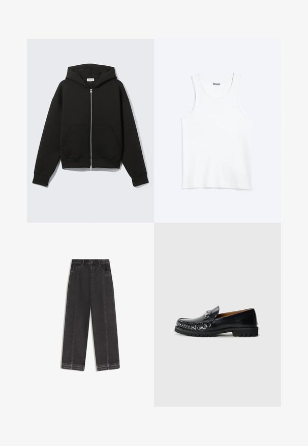 Schwarzer Zip-Hoodie mit angenähter Kapuze und vorderen Kängurutaschen, flach auf hellem Hintergrund liegend.; Weißes ärmelloses Tanktop mit rundem Ausschnitt und Weekday-Markenetikett auf der Innenseite des hinteren Kragens, flach auf hellem Hintergrund dargestellt.; Schwarze Jeans mit weitem Bein, hoher Taille, Vordertaschen, ausgefransten Säumen und dezentem "ODD SUPPLY"-Logo auf der rechten Taschenpartie.; Schwarze Lederloafers mit abgerundetem Zeh, dekorativen Nähten und einem metallischen Akzent an der Vorderseite; Gummisohle mit rutschfestem Muster.