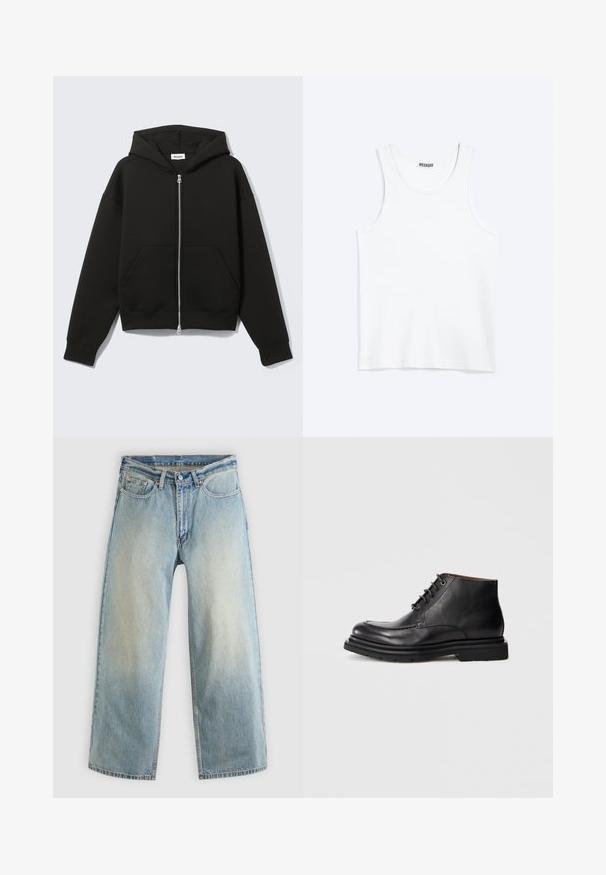 Zwarte hoodie met rits, vastgenaadde kap en voorzakken in kangoeroestijl, plat uitgespreid op een lichte achtergrond.; Wit mouwloos hemdje met ronde hals en Weekday-merklabel aan de binnenkant van de achterkraag, plat weergegeven op een lichte achtergrond.; Lichtblauwe, wijde spijkerbroek met een verwaaide afwerking. Voorzien van een standaard ontwerp met vijf zakken en een metalen knoopsluiting.; Zwarte leren enkellaars met vetersluiting, ronde neus en dikke rubberen zool tegen een effen witte achtergrond.