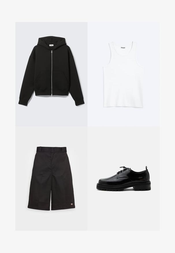 Sweat à capuche zippé noir avec capuche fixée et poches kangourou devant, posé à plat sur un fond clair.; Débardeur blanc sans manches avec col rond et étiquette de la marque Weekday à l'intérieur du col arrière, présenté à plat sur un fond clair.; Shorts en coton noirs à coupe droite, longueur genou, arborant un logo de marque visible sur l'ourlet et une texture lisse.; Chaussure en cuir noir poli à lacets, semelle en caoutchouc épaisse et talon bas, texte de marque "SAMSOE" sur le côté et languette arrière.