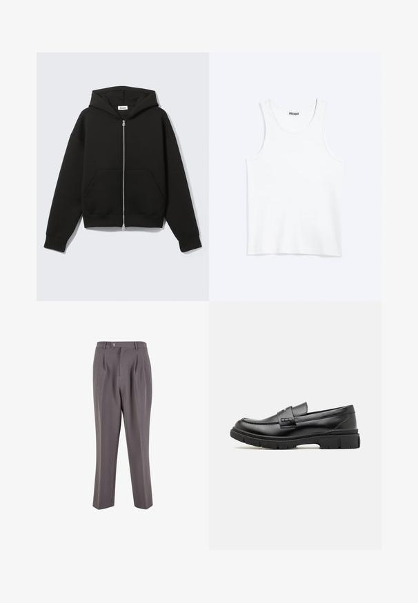 Sweat à capuche zippé noir avec capuche fixée et poches kangourou devant, posé à plat sur un fond clair.; Débardeur blanc sans manches avec col rond et étiquette de la marque Weekday à l'intérieur du col arrière, présenté à plat sur un fond clair.; Pantalons plissés gris en tissu lisse, avec une coupe droite, une fermeture à bouton unique et des poches latérales en biais.; Mocassin en cuir noir avec une large sangle sur le devant, semelle en caoutchouc à épaisse rainure, et texture lisse. Design classique et élégant.