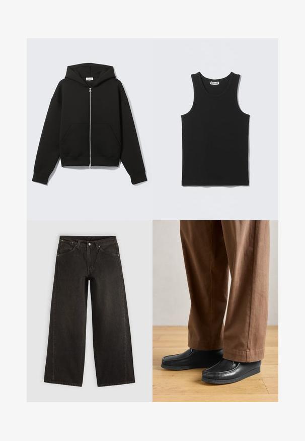 Sort lynlås-hoodie med fastgjort hætte og forreste kængurulommer, lagt fladt på en lys baggrund.; Sort ærmeløs ribbet tanktop med rund halsudskæring og Weekday-mærke på inderkraven bagpå.; Sorte vidbenede denimjeans med forlommer, knaplukning og bæltestropper, vist fladt på en lys baggrund.; Sorte lædersko med mokkasin-design og syningdetaljer, parret med brune bukser, på et trægulv.