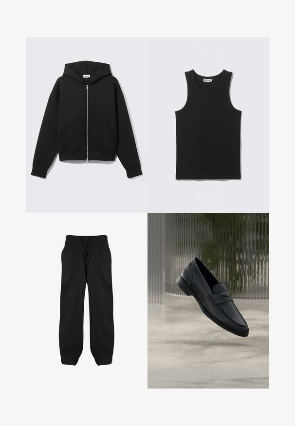 Sudadera negra con cremallera, capucha unida y bolsillos delanteros tipo canguro, extendida sobre un fondo claro.; Camiseta negra sin mangas con costillas, escote redondo y etiqueta de la marca Weekday en el interior del cuello trasero.; Pantalones de chándal negros con cintura elástica, cordón y bolsillos laterales. Fabricados con una tela suave, tienen un corte holgado y tobillos ajustados.; Zapato tipo mocasín de cuero negro con acabado liso, punta puntiaguda y detalles cosidos en la pala. Tacón bajo y diseño minimalista.