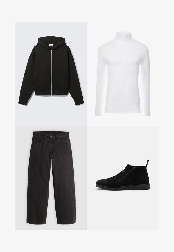 Sort lynlås-hoodie med fastgjort hætte og forreste kængurulommer, lagt fladt på en lys baggrund.; Hvid langærmet turtleneck skjorte lavet af blødt, strækbart materiale. Har en høj krave og et tætsiddende design, som giver en strømlinet silhuet.; Sorte denimjeans med lige ben, fem lommer og bæltestropper, vist fladt på en ensartet lys baggrund.; Sorte ruskind ankelstøvler har en rund tå, snørebånd foran og en lynlås i siden. Sålen er flad med en tekstureret overflade for bedre greb.